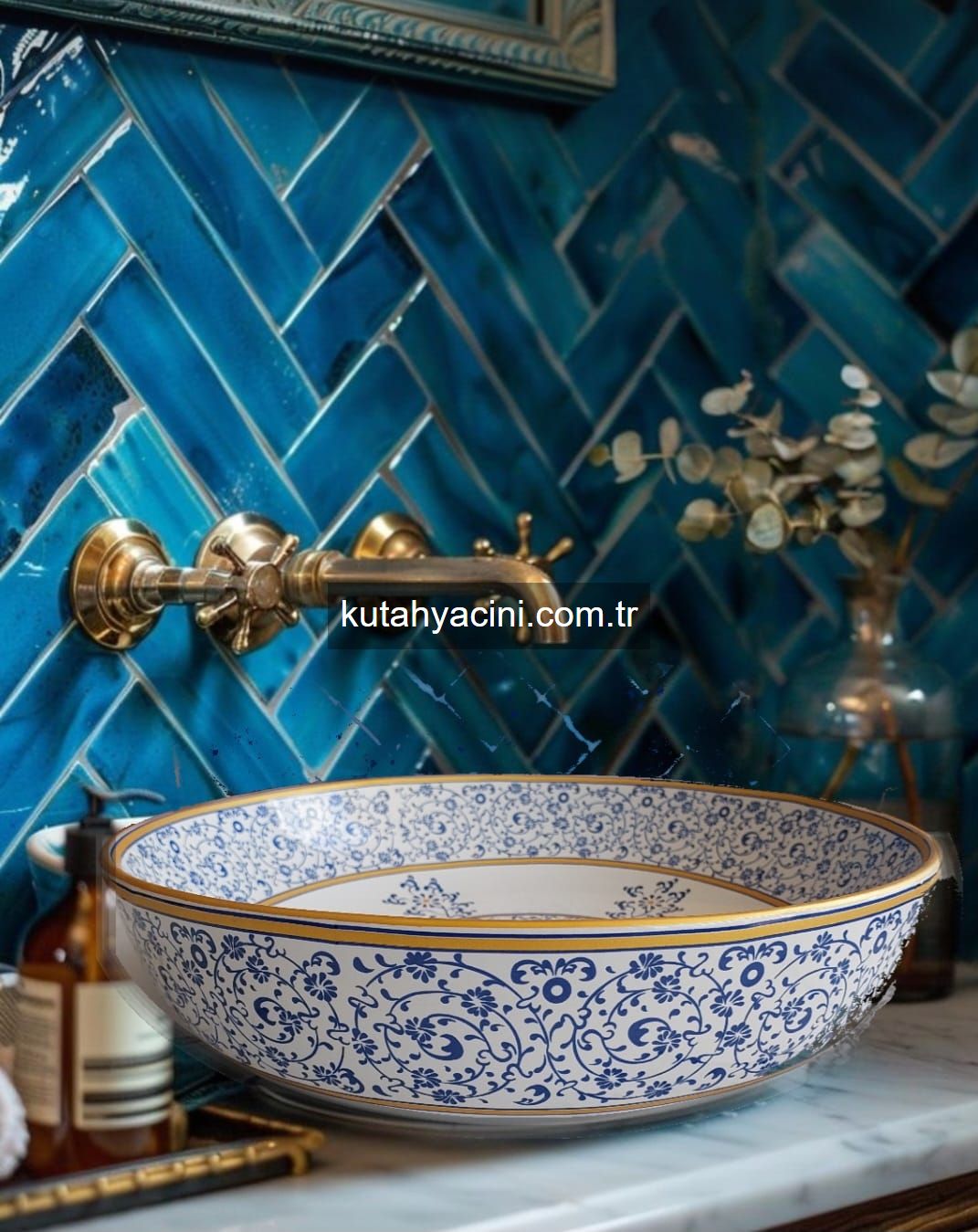 Porselen El Dekor Çinili Lavabo 42 x11 cm-52